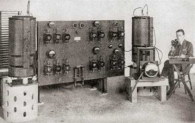 The first broadcast transmitter operated in Great Britain, installed at the Marconi Works, Chelmsford, in 1919 and 1920, from The Story of Twenty Five Years, published 1935