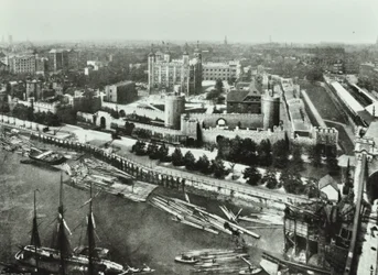 Tower of London: from Tower Bridge, 1890