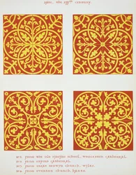 13th century tile designs, illustration from Specimens of Tile Pavements, Drawn from Existing Authorities, by Henry Shaw, 1858