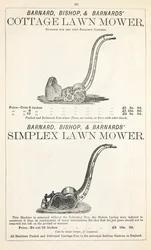 A Cottage and Simplex lawnmower, illustration from a gardening catalogue, published by Barnard Bishop & Barnard, 1878