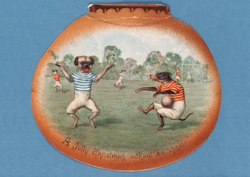 A Jolly Christmas Without an Upset!, Christmas card depicting a football match between dogs, c.1890s