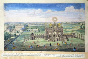 A Perspective View of the Magnificent Structure erected in the Green Park for the Royal Fireworks, 1749