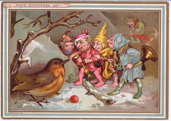 A Victorian Christmas card of a party of elves carrying musical instruments and gazing at a bewildered robin, c.1880