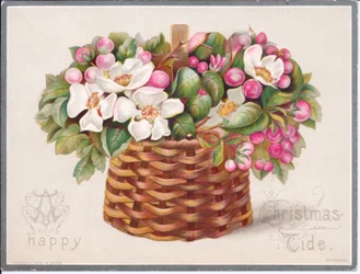 Victorian Christmas Card of Flowers and Leaves in a Wicker Basket, c.1880