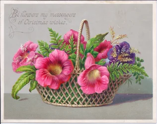 Victorian Christmas Card of Flowers in a Wicker Basket, c.1880