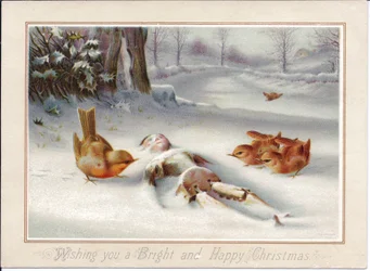 A Victorian Christmas Card of Robins Looking at a Wooden Puppet in the Snow, c.1880