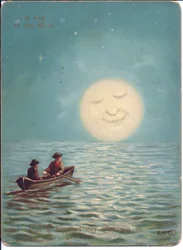 A Victorian Christmas Card of Two Boys in a Rowboat on a Moonlit Night, c.1880