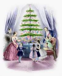 A family standing around a Christmas tree