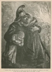 A fireman rescuing children from a blaze