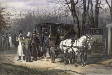 A group of men disembarking from their carriage