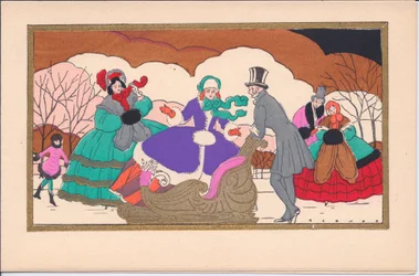 French Pochoir Christmas card of Victorian ice skaters with a sleigh, circa 1920