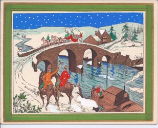French Pochoir Christmas Card of a Carriage Drawn by Horses Crossing a Bridge with a Horseman Raising His Hat