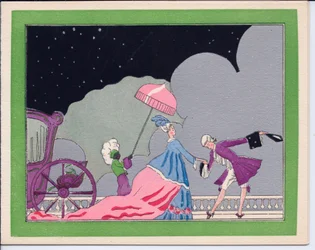 A hand-coloured French Pochoir Christmas card of a courtier bowing to a grand lady attended by her Black servant holding an umbrella to protect her from the snow, circa 1920