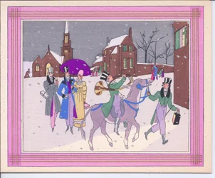 Hand-Coloured French Pochoir Christmas Card of a Donkey Led by a Top Hatted Man with a Lantern, and Ridden by a Man Blowing a Hunting Horn, circa 1920