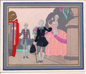 French Pochoir Christmas Card of a Grand Lady Entering Her Carriage