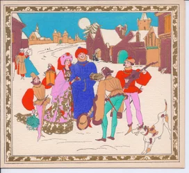 French Pochoir Christmas Card of Elizabethan Street Minstrels Entertaining a Lord and Lady