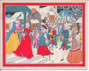 Hand-Coloured French Pochoir Christmas Card of a Winter Scene in Tudor Times, circa 1920