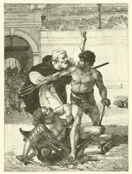 A Monk, Telemachus, Trying to Stop the Gladiatorial Games at the Colosseum, Rome (engraving)