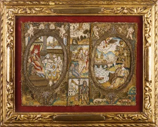 A Needlework Book Binding Depicting Religious Scenes with a Seated King and an Angel Addressing a Man by a River