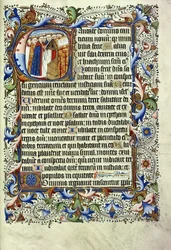 A page from a psalter in Latin, with a historiated initial depicting a group of monks standing before a lectern chanting, c.1455