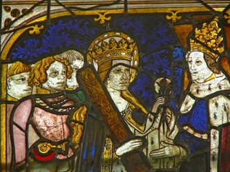 A panel in the east window depicting St Helen with Emperor Constantine