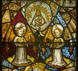 A panel in the east window depicting angels with Passion Instruments amid fragments