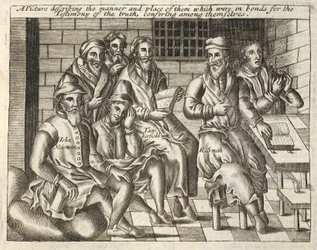 A picture describing the manner and place of those who were in bonds for the Testimony of the truth, conferring among themselves, illustration from Acts and Monuments by John Foxe, ninth edition, published 1684