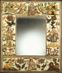 A Raised Work Mirror Depicting a Noble Couple, with Animals, Fruits and Flowers