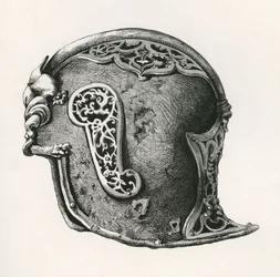 A sallet, aka salade or schaller war helmet, A.D. 1450, from The British Army: Its Origins, Progress and Equipment