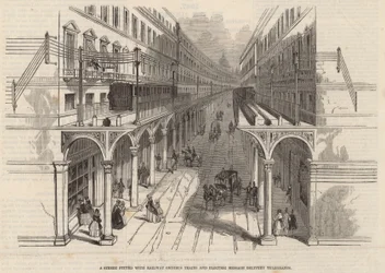 A Street Fitted with Railway Omnibus Trains and Electric Message Delivery Telegraphs