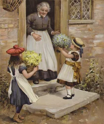 A woman looking on as two young girls present her with flowers