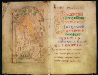 Queen Emma wife of Ethelred II and Cnut receives the book from its author; Capital 
