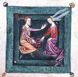 A King and Lady seated in a garden, playing a board game resembling backgammon, from the Luttrell Psalter