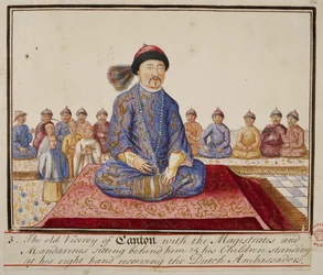 Add. 5353, f.65 The viceroy of Canton with magistrates and mandarins, his children standing at his right hand receiving the Dutch ambassadors, from 
