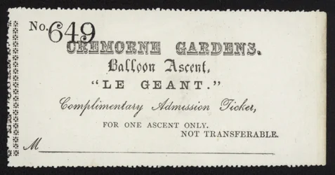 Admission ticket for the ascent of the balloon Le Geant from Cremorne Gardens, London