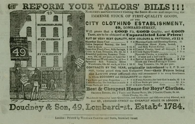 Advert for Doudney & Son, City clothing establishment, 49 Lombard Street, London