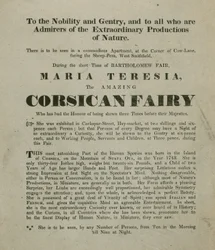Advert for an appearance of Madame Maria Teresia, the Corsican Fairy