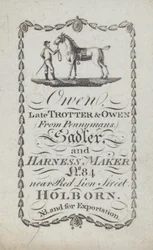 Advertisement for Owen, saddler and harness maker, London
