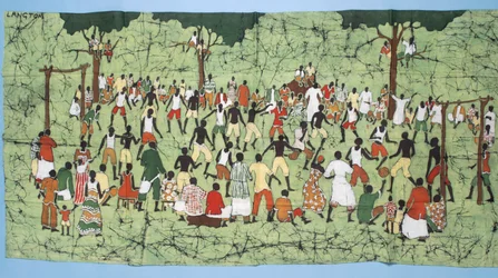 African batik, illustrating and football match with spectators watching