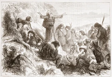 Albigensian worshippers on the banks of the Rhone, illustration from The History of Protestantism by James Aitken Wylie, 1878