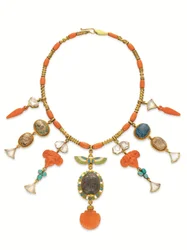 An Egyptian Revival Coral, Multi-Gem and Gold Necklace, c. 1870s