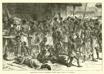 Ashantis buying muskets with gold dust at Assinie