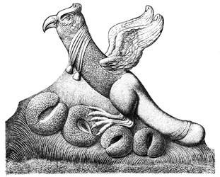 Bird with spread wings and a phallic tail sitting on four eggs, Gallo-Roman sculpture from Nîmes in France