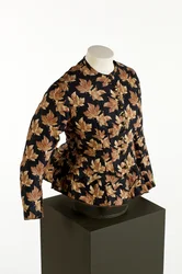 Black bodice with printed golden brown maple leaf design, c. 1860-70, cotton
