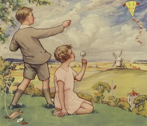 Boy and girl flying a kite