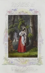 Valentine card with an image of a woman standing among a group of trees