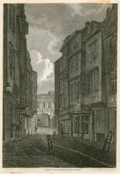 Butcher Row, looking from Temple Bar, based on a drawing by Edward Dayes, 9 June 1796
