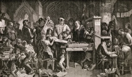 Caxton showing specimens of his printing to King Edward IV at the Almonry in Westminster, 1858