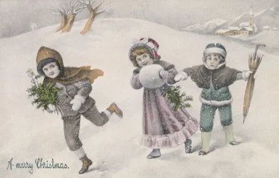 Children in the Snow, Victorian Postcard
