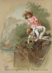 Children picking flowers on a riverbank, Christmas card